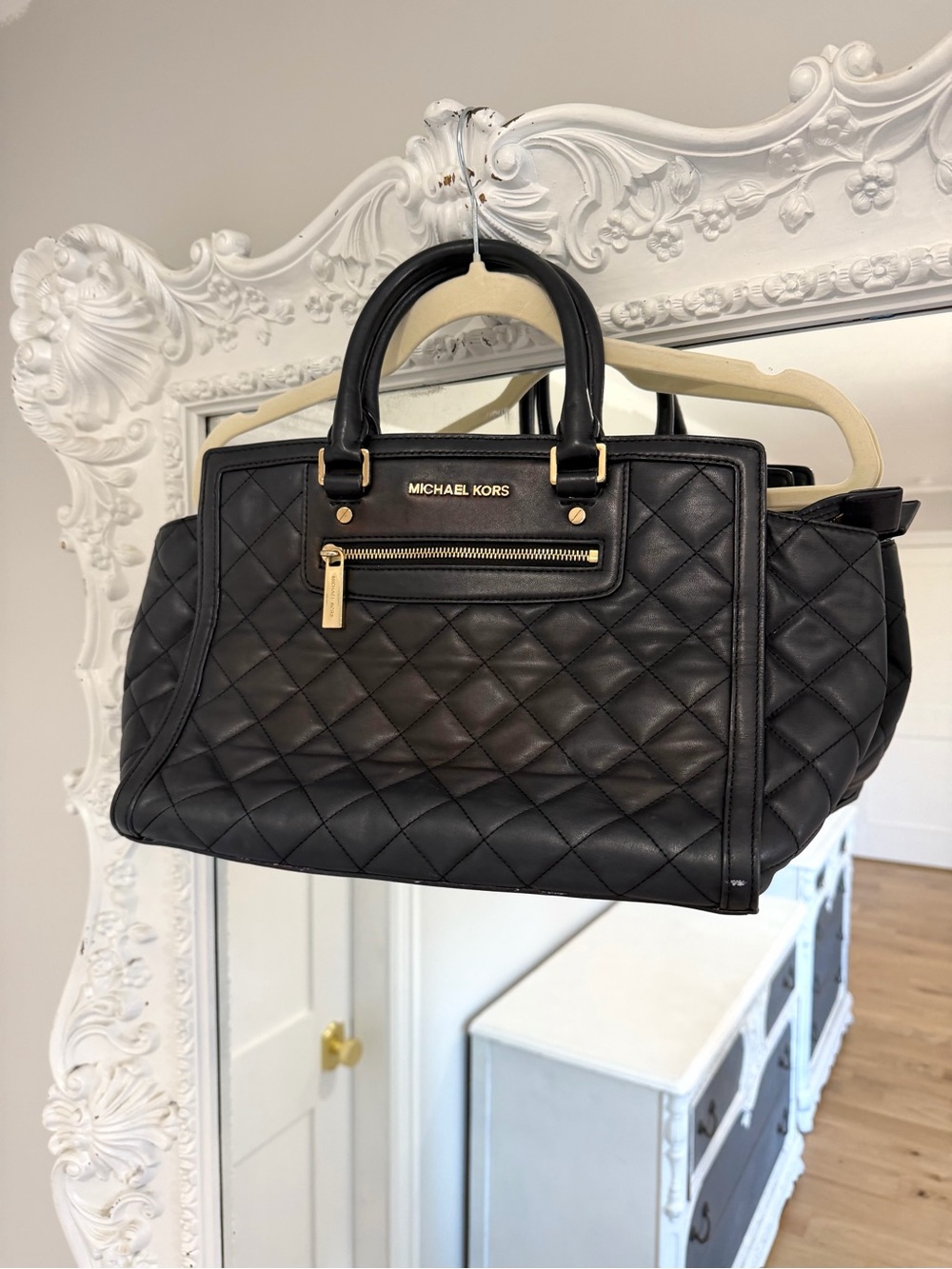 Michael Kors Selma Quilted Black Leather Satchel Handbag Bag